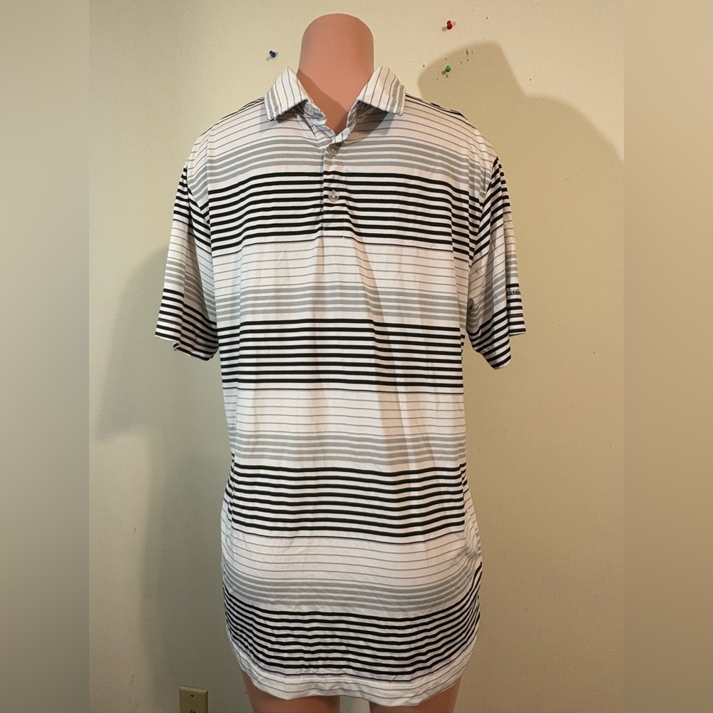 Columbia Polo Golf shirt Men's Large Omni-Wick‎ Striped Black Gray White Polo